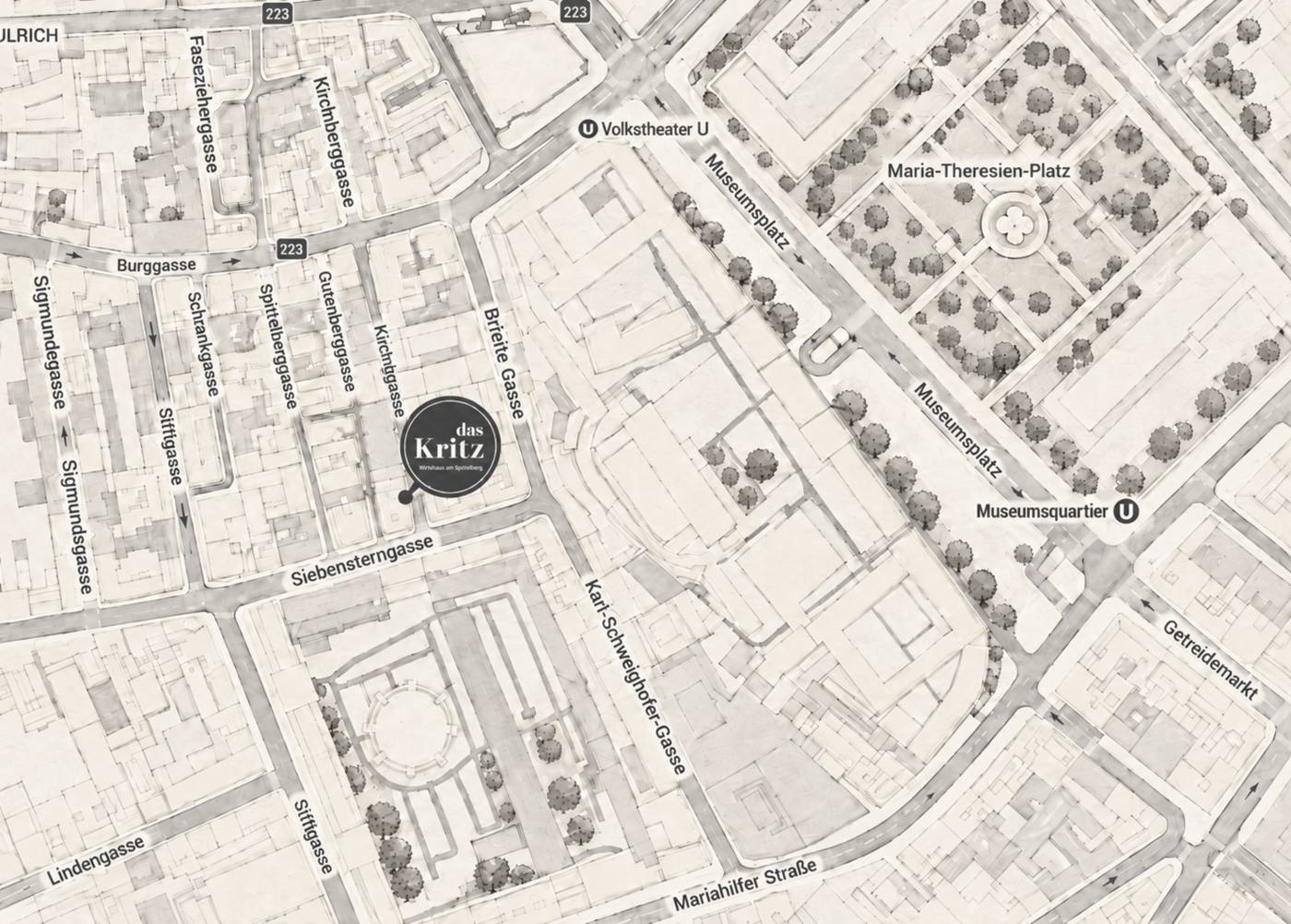 Map of the Spittelberg area showing das Kritz at Kirchberggasse 7, between Burggasse and Siebensterngasse
